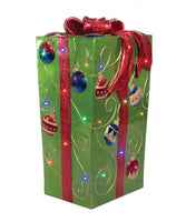 LED Lit Giftbox Fiberglass w/ornament & Gold Bow, Metallic Paint,