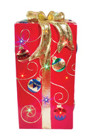 LED Lit Giftbox Fiberglass w/ornament & Gold Bow, Metallic Paint,
