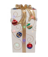 LED Lit Giftbox Fiberglass w/ornament & Gold Bow, Metallic Paint,