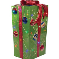 LED Lit Giftbox Fiberglass w/ornament & Gold Bow, Metallic Paint,