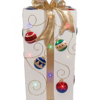 LED Lit Giftbox Fiberglass w/ornament & Gold Bow, Metallic Paint,