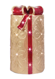 LED Lit Fiberglass Gift box w/Gold Scroll & Red Bow, Metallic Paint